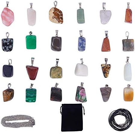 SUNNYCLUE 48pcs Crystal Stone Charms Kit Irregular Shape Gemstone Chakra Beads Charms 12pcs Imitation Leather Cord Necklace & 12pcs Cross Chains & Velvet Pouches for Necklace Jewelry Making