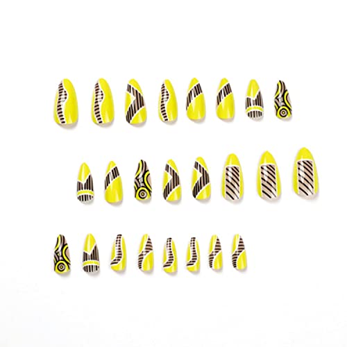 Diduikalor Stiletto Press On Nails Long Fake Nails Yellow Almond False Nails With Black Lines Design Matte Full Cover Stick On Nails For Women (24Pcs) #TOP1