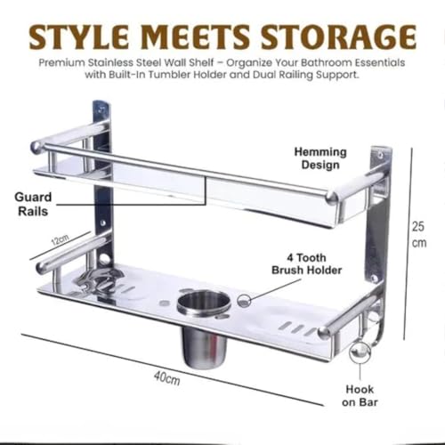 Image of EVANEX Steel Double Layer Bathroom Shelf | 304 Grade Stainless Steel Wall Mount Bathroom Organizer | Rust Proof Bathroom Rack | 5 in 1 Storage Shelf for Toiletries | Bathroom Accessories Set