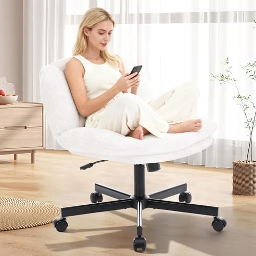 shipborne Cross Legged Office Chair, Thick Cushioned Criss Cross Chair with Wheels, Wide Seat Armless Office Chair, Height Adjustable Swivel Vanity Chair for Home and Office, White