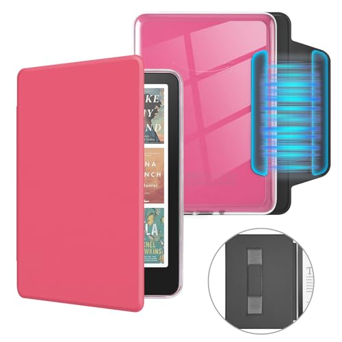 MOROCK Detachable Magnetic Case for 7" Kindle Paperwhite and Colorsoft Paperwhite Signature Edition(12th Gen. 2024), Slim PU Leather and PC Clear Back Cover with Hand Strap,Auto Wake/Sleep, Watermelon