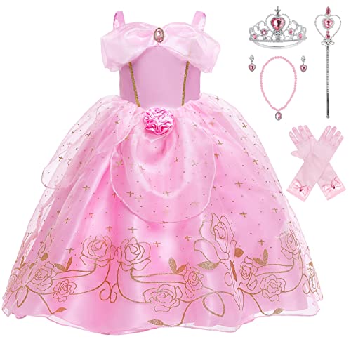 KANDEMY Fille Déguisement de Princesse avec Accessoires Robe de Princesse Costume pour Enfant Anniversaire Fête Noël Partie Carnaval Cosplay Rose 130