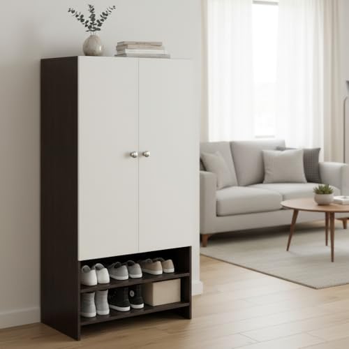 Image of FURNEASER YSH Engineered Wood Wardrobe Almirah for Clothes with 2 Doors & Open Shoe Rack | Wooden Closet Cabinet Organizer for Bedroom Living Room | Storage Cupboard (Wenge & White)