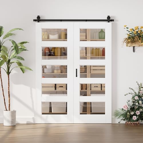 Image of 60 inchx80 inch White 5-Lites Clear Glass Bifold Barn Door Slab with 64 inch Track Kit