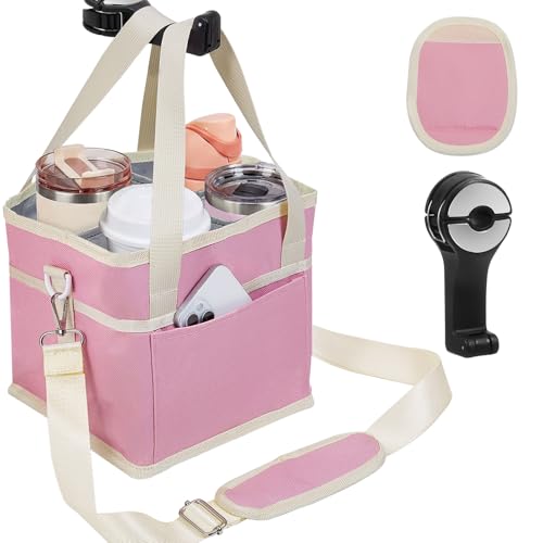ANTAND 4 Water Bottle Holder with Strap - Multiple Tumbler Insulated Drink Carrier Tote Bag, Reusable Drink Family Size Caddy for Car, Delivery, Adjustable Dividers - 2 in 1 Car Seat Hook Set