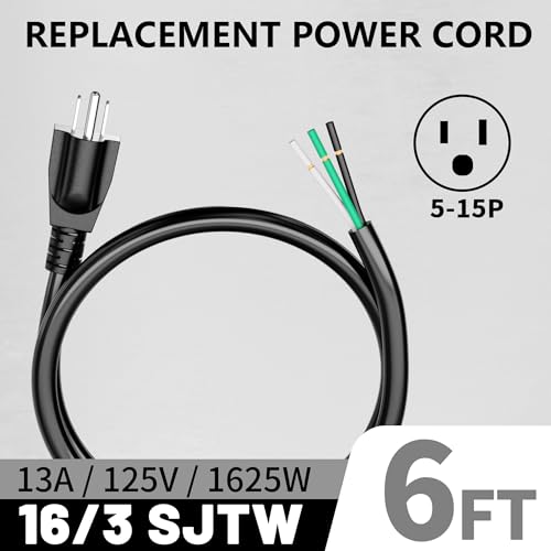 Image of Vockjour 6 ft 16 /3 Appliance and Power Tool Cord, 16 AWG 3 Prong Black Replacement Power Cord with Open End, NEMA 5-15P, 125V AC Pigtail, 13A 1625W, ETL Listed