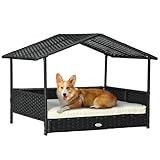 PawHut Wicker Dog House Outdoor with Canopy, Rattan Dog Bed with Water-Resistant Cushion, Raised Pet Bed for Small, Medium Breeds up to 66 lbs, 20' in Length, Black Wicker, White Cushion