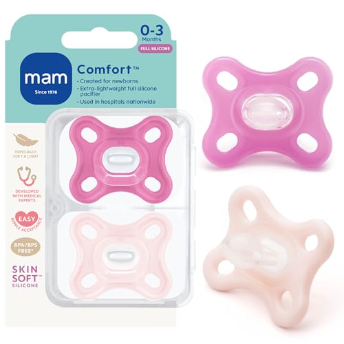 Image of MAM Comfort Baby Pacifiers 0-3 Months Newborns, Lightweight One-Piece Full Silicone Binky, BPA-Free Nipple, Easy to Clean Pacifier, Best for Breastfed Babies, 2 Count, Sterilizer Case, Made in Europe