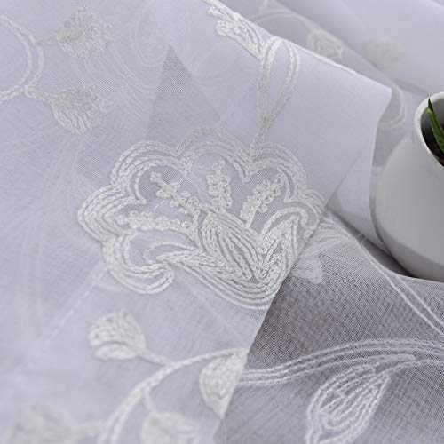 White Sheer Curtains Embroidery 63 Inch Length Rod Pocket Voile Drapes For Living Room, Bedroom, Window Treatments Semi Flower Pattern Curtain Panels For Kitchen, Yard, Farmhouse, Set Of 2, 52"X 63". #TOP5