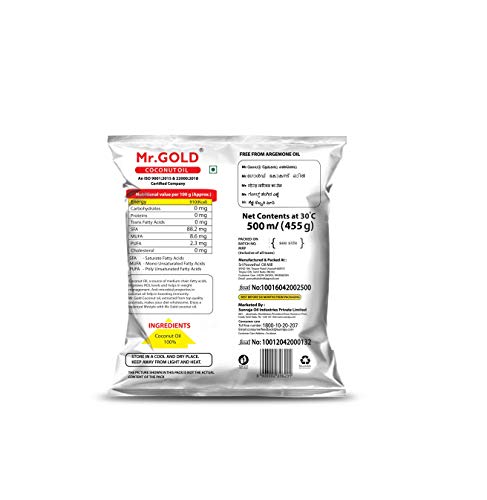 Image of Mr.Gold Coconut Oil Pouch, 500 ML | Pure | Natural | No preservatives | No artificial fragrances | Coconut oil | pure aroma - Total 500ML