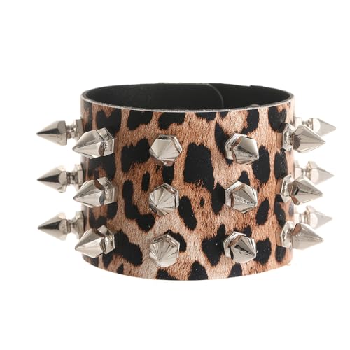 Leopard Spike Studded Leather Bracelet - Rock Punk Biker Wide Strap Leather Cuff Wristlets - Gothic Rivet Buckle Wristband