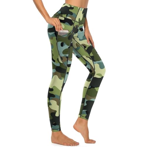 Legging noir et vert imprimé camouflage femme - Pantalon yoga taille haute élastique