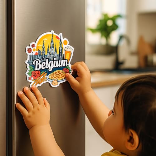 Image of Naxon Belgium Country Theme Souvenir Wooden Refrigerator Stylish Fridge Magnet - Fridge Decoration Magnet for Kitchen & Home Decor | Perfect Souvenir Gift | Size 3x3 Inches | Pack of 1