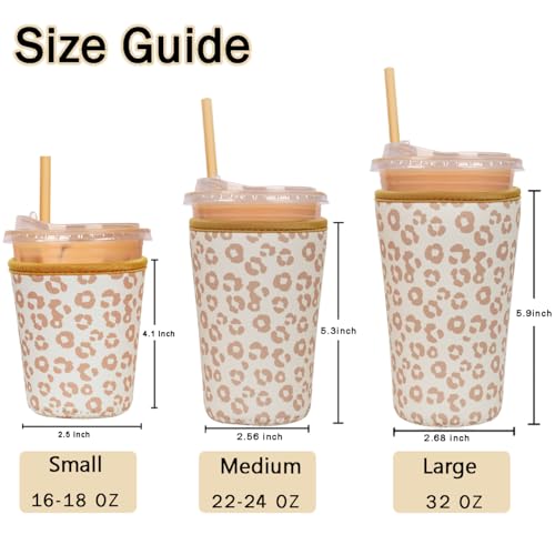 Image of Reusable Insulated Sleeve for Iced Coffee Cup, Coffee Neoprene Sleeve for Cold & Hot Drinks, Beverage Holder for Iced Coffee (Leopard Grace, Medium: 22-24oz)