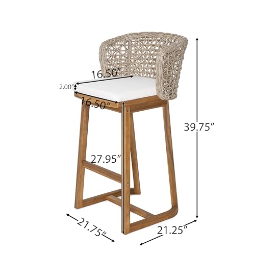 Juego de 4 taburetes de bar para exteriores Christopher Knight Home, con estructura de madera de acacia acabado teca, respaldo de mimbre color marrón claro y cojín beige, altura barra, para isla de cocina o patio miniatura 2