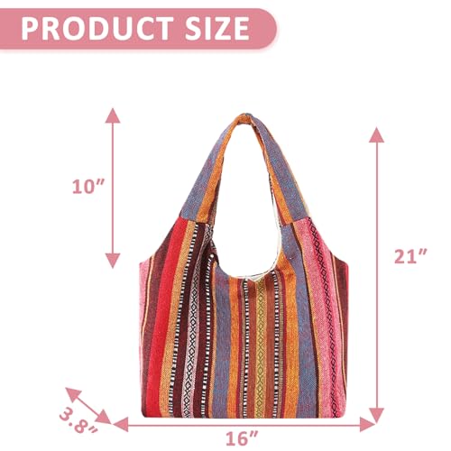 Bohemia Tote Bag, Canvas Shoulder Bag for Women, Large Capacity Work Bag，Reusable Canvas Lunch Bag Teacher Bag Shopping, Utility Aesthetic Handbag(Red)2