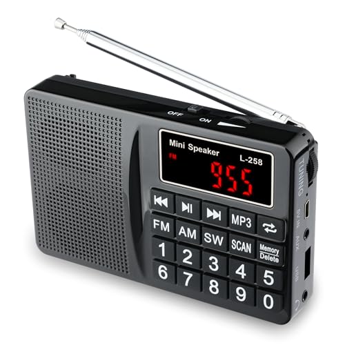 Portable AM FM SW Digital Pocket Radio & MP3 Music Player, Rechargeable Battery Powered Speaker with Keypad Tuning, Support USB Drive/TF Card, Earphone Jack, Great Reception for Seniors, Walking