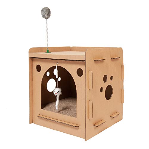 Image of Furhaven Pet Furniture for Cats and Kittens - Tiger Tough Modern Condo Corrugated Cat Scratcher Playhouse Hideout with Catnip, Cardboard (Brown), One Size