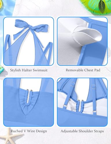 Image of Girls Swimsuits Size 10-12 Halter Neck One Piece Swimsuits Ruched Solid Bathing Suit for Girls 10-12 with Adjustable Straps Beach Swimwear Sky Blue