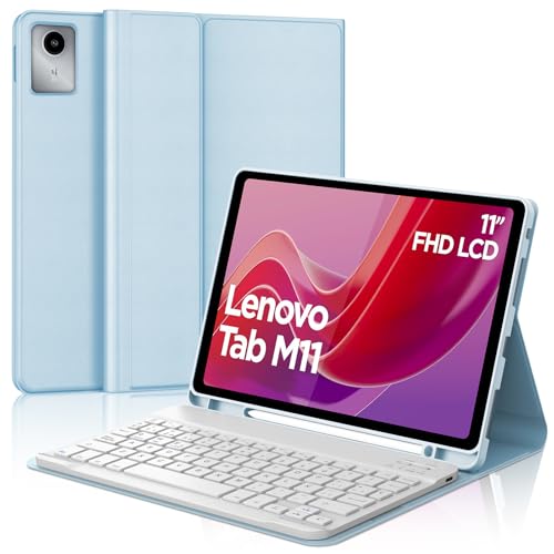 WAVATA Funda con Teclado para Lenovo Tab M11 2024, Español Ñ Tecla para Tab M11'' - Teclado Inalámbrico Bluetooth para Lenovo Tab M11 de 11 Pulgadas (TB330FU/TB330XU)- Azul Cielo