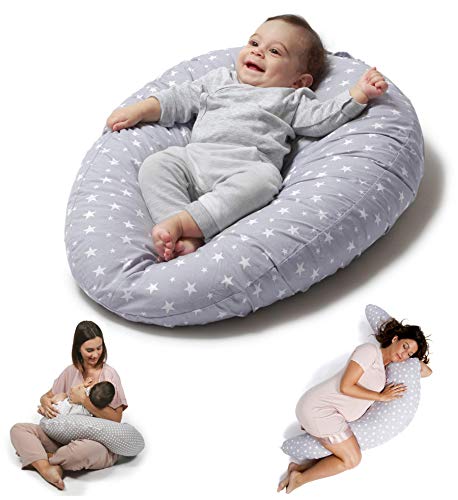 Niivetto Almohada Embarazo Dormir y Cojin Lactancia Bebe XXL Funda 100% Algodon Desenfundable y Lavable Relleno de Fibra Hueca Poliester Siliconado by Niimo (Gris-Estrella Blanca)