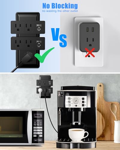 2 Pack Multi Plug Wall Socket Extender, Black Power Strip Socket, Cordless Socket with 2 USB Ports (1 USB C) USB Wall Charger Multi Outlet Plug Extender for Home, Dorm, Office and Travel