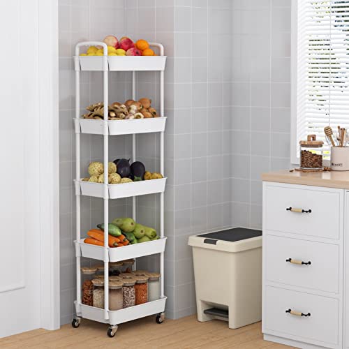 Jiuyotree 5-Tier Rolling Storage Cart Utility Cart With Lockable Wheels For Living Room Bathroom Kitchen Office White #TOP2