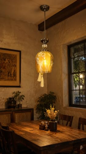 Image of kinis Amber Glass Pendant Light for Ceiling | Modern Hanging Lamp for Dining Room, Living Room, Kitchen Island, Bedroom, Cafe, Restaurant & Home Decor (Pack of 1, with Bulb)