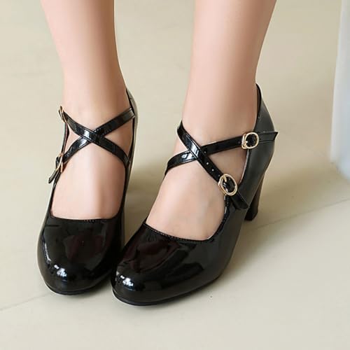Women's Mary Jane Double Strap Buckle High Heel Pumps Round Toe Closed Patent Leather Chunky Heel Block Pump Casual Comfortable Wedding Party Prom Dress Shoes3