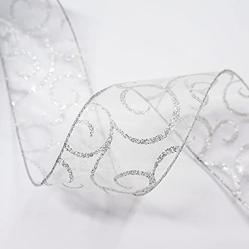 Ct Craft Llc Organza With Silver Glitter Swirl Wired Ribbon - 2.5" X 50 Yards, For Christmas Home Decor, Gift Wrapping, Bow Making, Wreath, Diy Crafts #TOP2