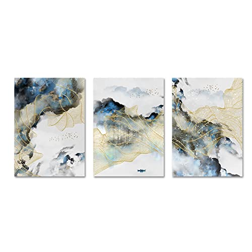 YABINGA Póster de líneas de lámina de Oro con Paisaje de Lago de montaña Abstracto, Lienzo Impreso, imágenes de Pared, decoración del hogar (40 × 60 cm/15,7 × 23,6 Pulgadas) × 3 Piezas sin Marco Cover