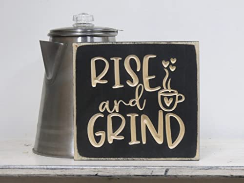 Rise and Grind Coffee Sign - Wooden Sign - Kitchen Wall Decor - Coffee Bar Station Wall Art for Home Or Office 8x8 Inch (20x20 Cm)