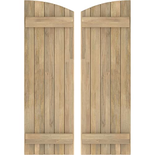 17 1/2"W x 74"H Americraft Five Board (2 Batten) Exterior Real Wood Joined Board-n-Batten Shutters w/Elliptical Top (Per Pair), Unfinished