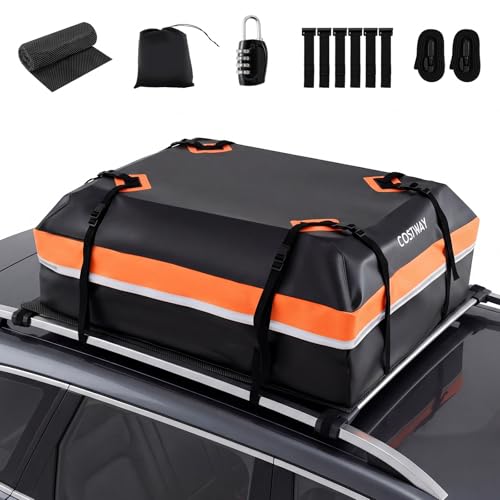 COSTWAY Coffre de Toit Voiture Étanche 450 L, Sac de Toit avec Tapis Antidérapant 6 Crochets de Porte Verrou et Sac de Transport, pour Les Véhicules avec/sans Galerie (Noir+Orange)