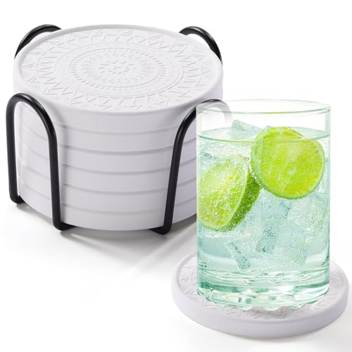 Photect Diatomaceous Earth Coasters with Holder Absorbent, White, 6 Pcs