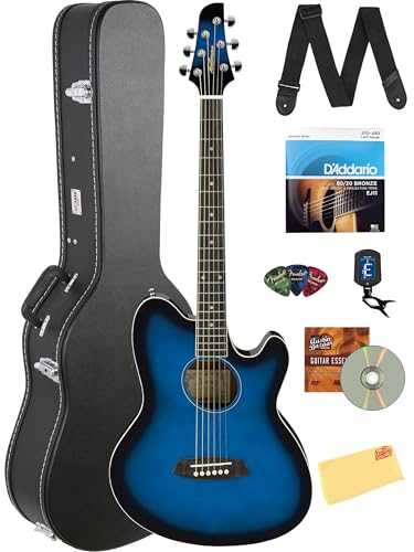 Ibanez TCY10E Talman アコースティックエレキギター - 透明ブルーサンバーストバンドル ケース、チューナー、ストラップ、D'Addario Strings Picks、Austin Bazaarの解説DVD、磨き布付き