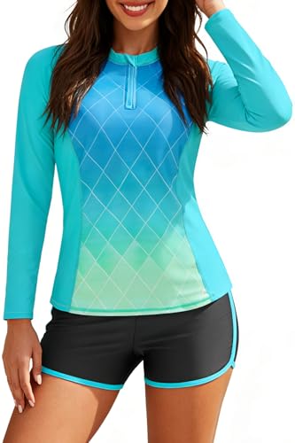 Women Long Sleeve Rash Guard Two-Piece Swimsuit with Shorts, UPF 50+ Built-in Bra, Green Gradient – L