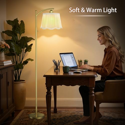 Image of Karjoefar Thickened Gauze Shade Dimmable Arc Floor Lamps for Living Room | 7W Bulb Included, 10-100% Dimmable, 67 inch Tall Vintage Gold Floor Lamp for Bedroom Living Room Office with Metal Base & Pole
