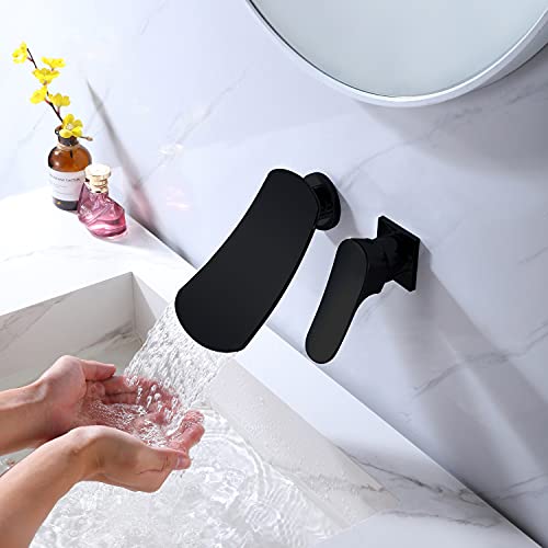Bangpu Widespread Waterfall Bathroom Faucet Single Handle Wall Mount Waterfall Bathroom Sink Faucet Lavatory Vanity Faucet 2 Hole Waterfall Bathtub Faucet, Matte Black #TOP28