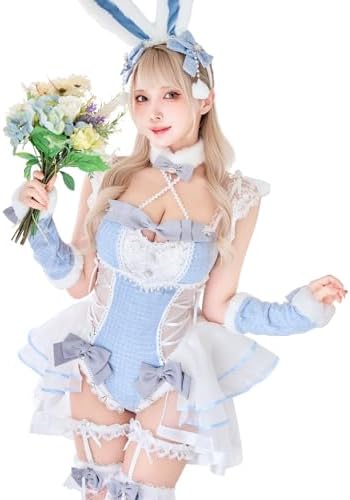 [Malymoon] コスプレ アニマル 動物 バニーガール うさぎ うさ耳 白 黒 青 水色 シスル ツイード チュール ハイレグ セクシー 衣装 仮装 マリームーン 8点セット CS25099 詳細画像1