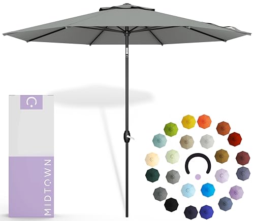 Image of Midtown Umbrellas - 10-Year-No-Fade 10 Ft Patio Umbrella with Terylast Fabric, Auto-Tilt Aluminum Frame and 8 Reinforced Ribs for Deck, Pool, Garden & Beach - Matter Grey Canopy, Black Pole