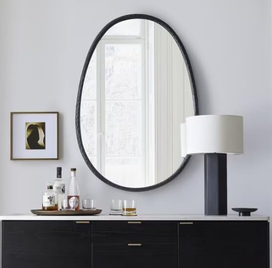 Image of Oval Wall Mirror with Black Metal Frame Modern Design