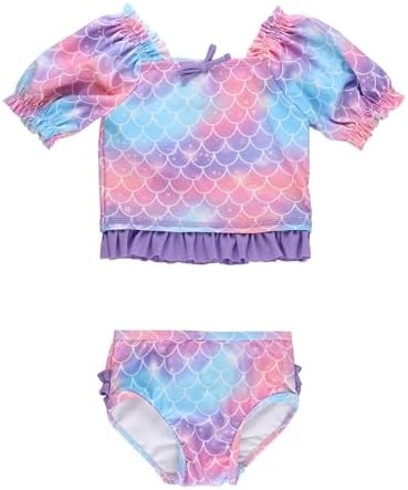 RuffleButts Baby/Toddler Girls UPF50+ Puff Sleeve Ruffle Tankini 2-Piece Swimsuit - Shimmer Mermaid Tale, 4T