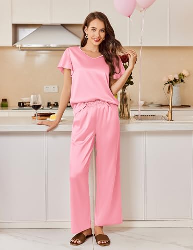 Image of Ekouaer Women's Satin Silky Pajama Set 2 Piece Short Sleeve Shirt with Long Pants Pjs Sets Soft PJ Loungewear S-XXL