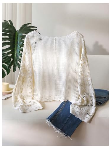 MakeMeChic Women's Plus Size Cardigan Floral Long Sleeve V Neck Hollow Out Button Front Sweater2