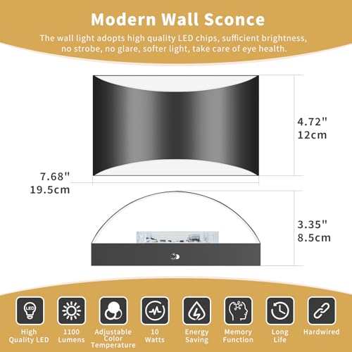 Image of Black Modern LED Wall Sconces, 3 Colors Hardwired Indoor Wall Lights | 3000K /4000K /6000K, 10W Up and Down Wall Mount Light with Memory Function, Wall Lamp for Bedroom Living Room Hallway Corridor