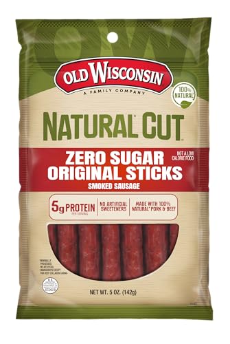 Old Wisconsin Natural Cut Original Sausage Snack Sticks, Zero Sugar, Naturally Smoked, Ready to Eat, High Protein, Low Carb, Keto, Gluten Free, No Artificial Preservatives or Nitrates, 5 Ounce
