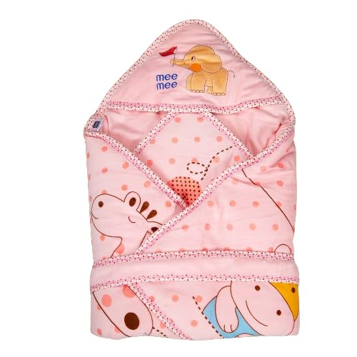 Image of Mee Mee 100% Soft Cotton Hooded Baby Wrapper Cum Warmer, Blanket with Hood for New Born Baby 0 to 6 Months (Pink Printed)