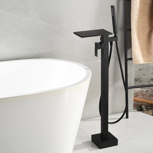 Mitigeur de bain autoportant cascade 2 modes noir mat en laiton au sol