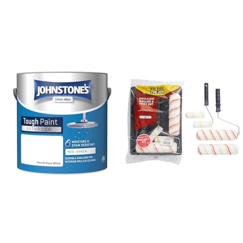 Johnstone's Bathroom Paint - Brilliant White, Mid Sheen Finish, Stain Blocker, 2.5L, Acrylic, 12m2 Coverage, 1-2 Hour Dry Time, 7pc Roller Set (9 & Mini Rollers, Frames & Tray)